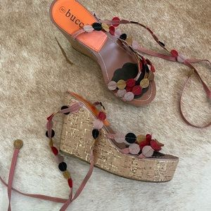 Bucco Capensis Cork Gold metallic Polka Dot Strappy Wedges